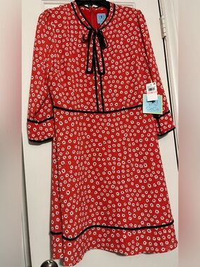 CeCe Red Daisy Print Dress with Black Trim New